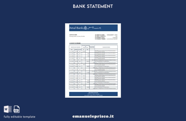 modello Excel di estratto conto bancario Somalia Amal in stile verificato